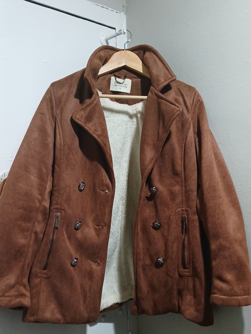 Women's Brown Faux Suede Peacoat with Cream Sherpa Lining